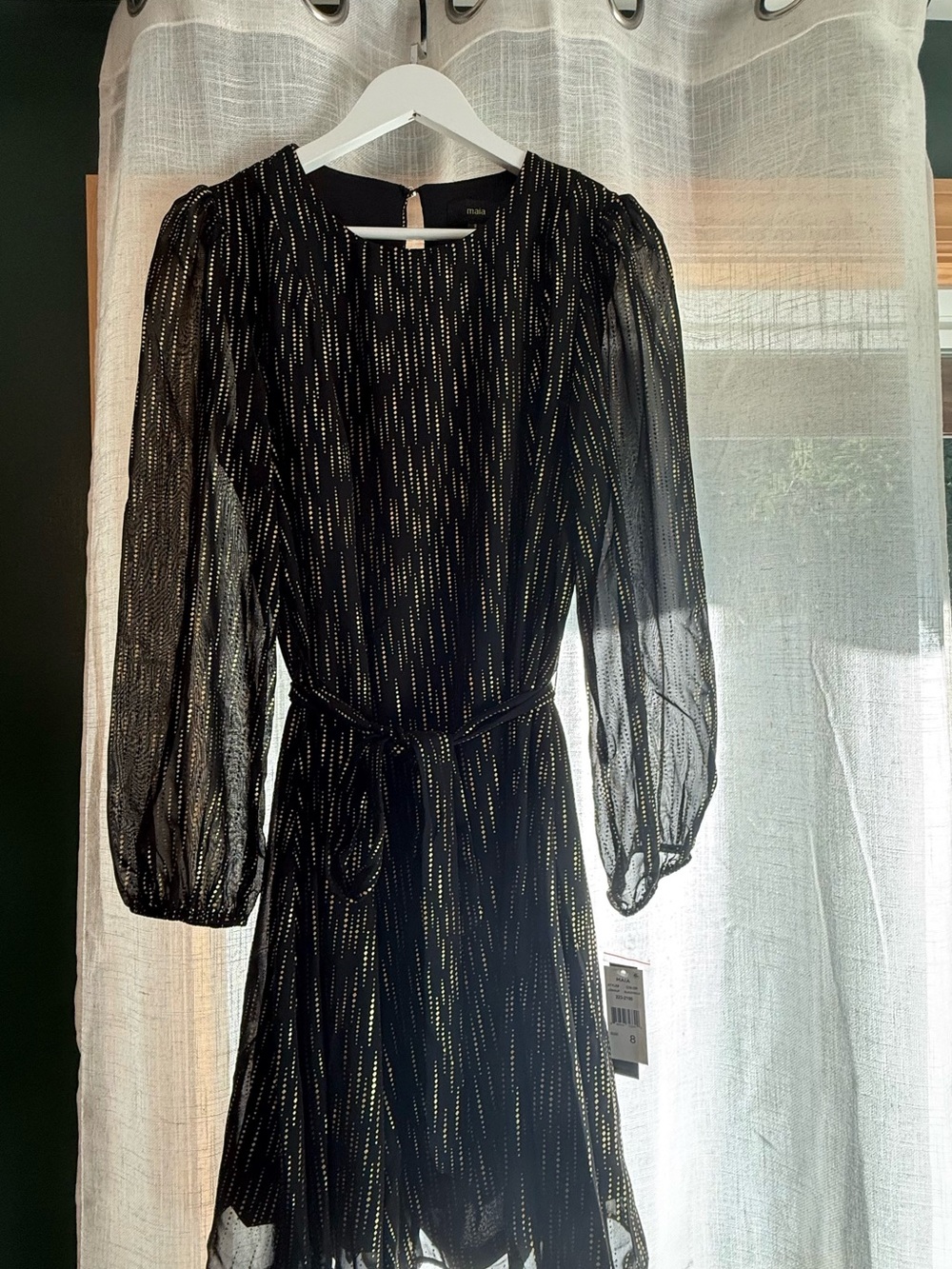 Metallic Dot Black Long-Sleeve Belted Dress